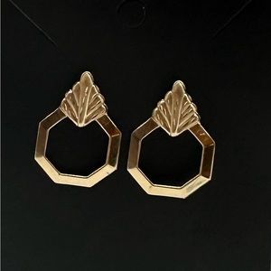 Octagon Gold Tone Earrings Hoop with Leaf Accent Post Pierced Earrings